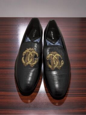 Roberto Cavalli Black Croc-Embossed Leather Loafers with Gold Monogram